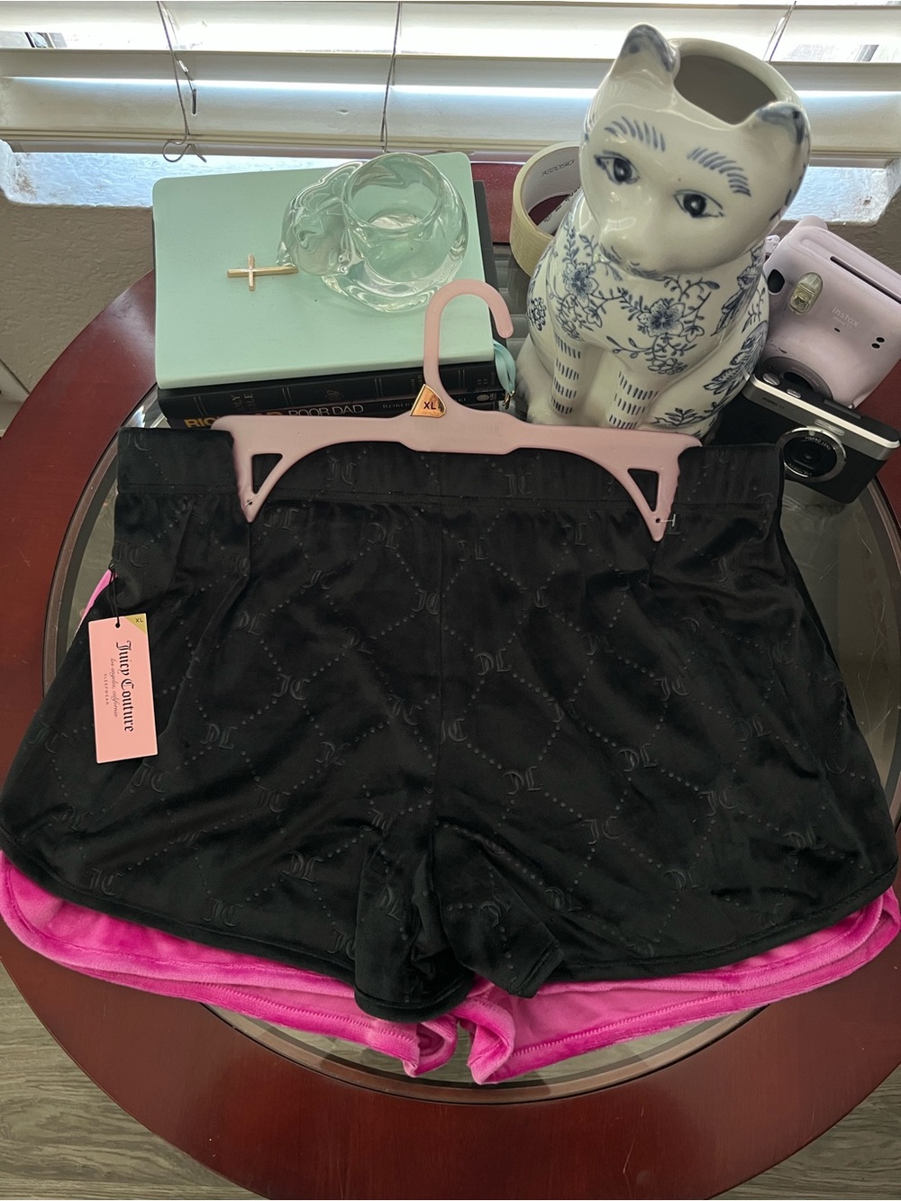 Juicy Couture Black Velvet Logo Jacquard Lounge Shorts with Pink Trim